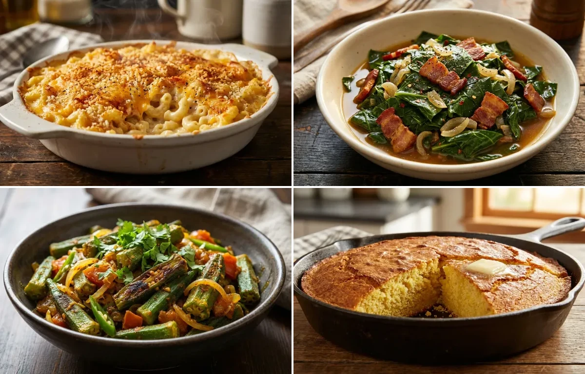 Baked Mac and Cheese with Collard Greens, Bhindi Fry and Cornbread