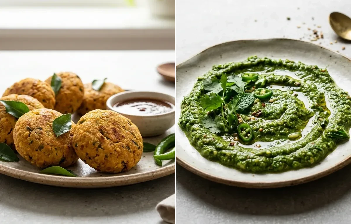 Baked Moong Dal Vada with Spicy Coriander Mint Chutney