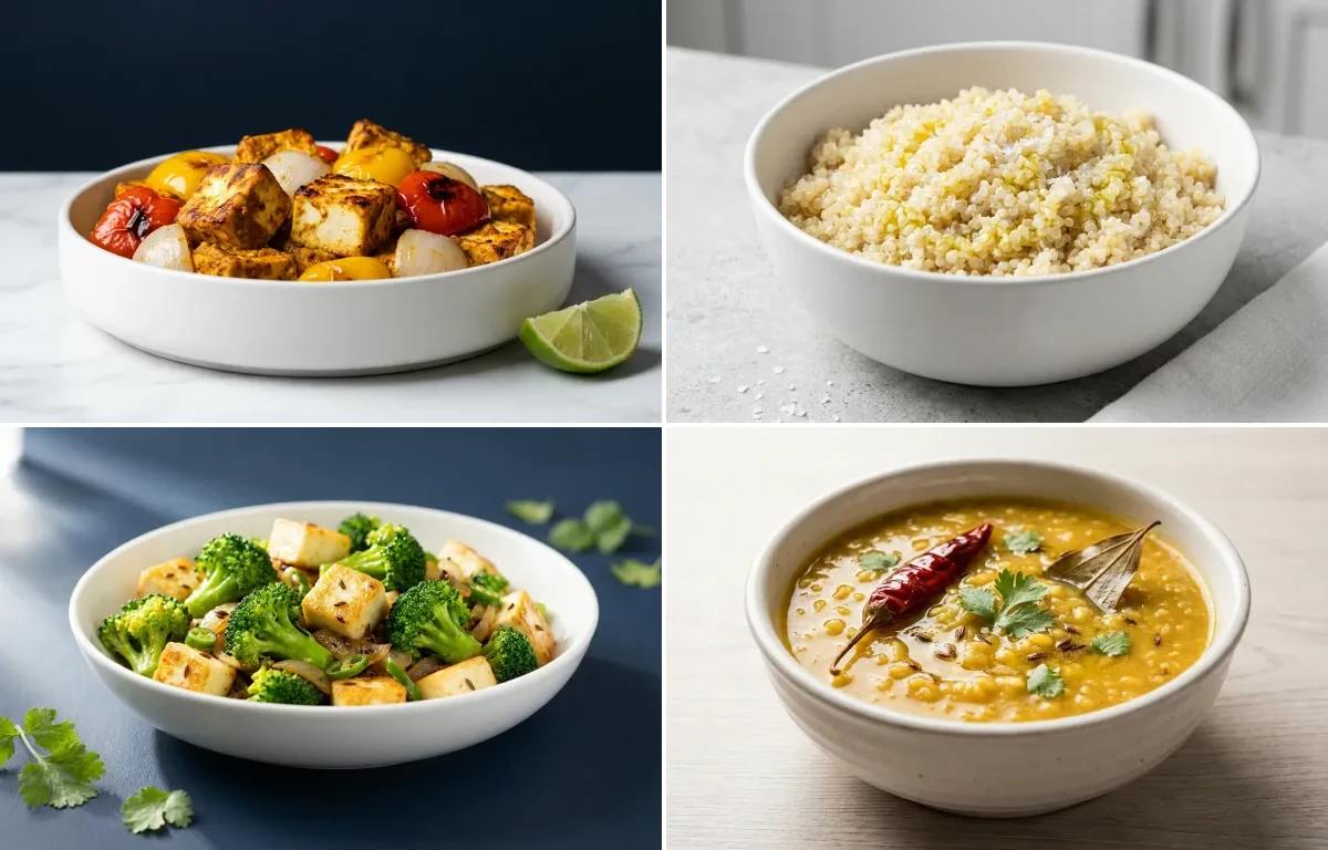 Baked Paneer Tikka with Quinoa with Broccoli Stir-fry with Moong Dal