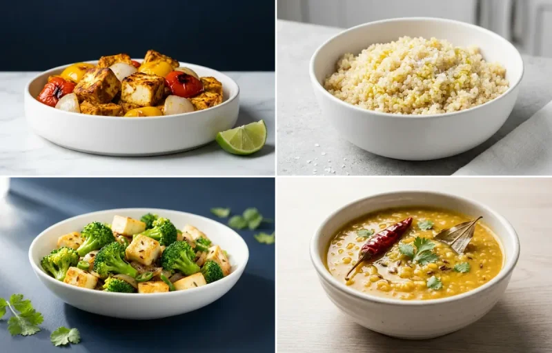 Baked Paneer Tikka with Quinoa with Broccoli Stir-fry with Moong Dal