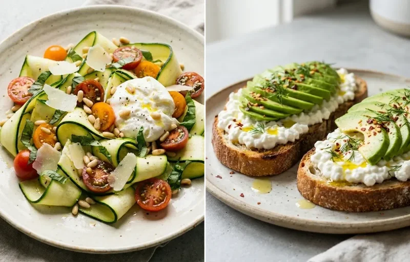 Baked Potato Soup with Zucchini Ribbon Salad and Avocado Cottage Cheese Toast