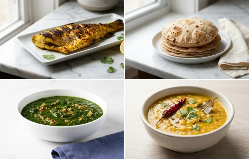 Baked Rohu with Steamed White Rice with Whole-Wheat Phulka with Jeera Palak with Moong Dal