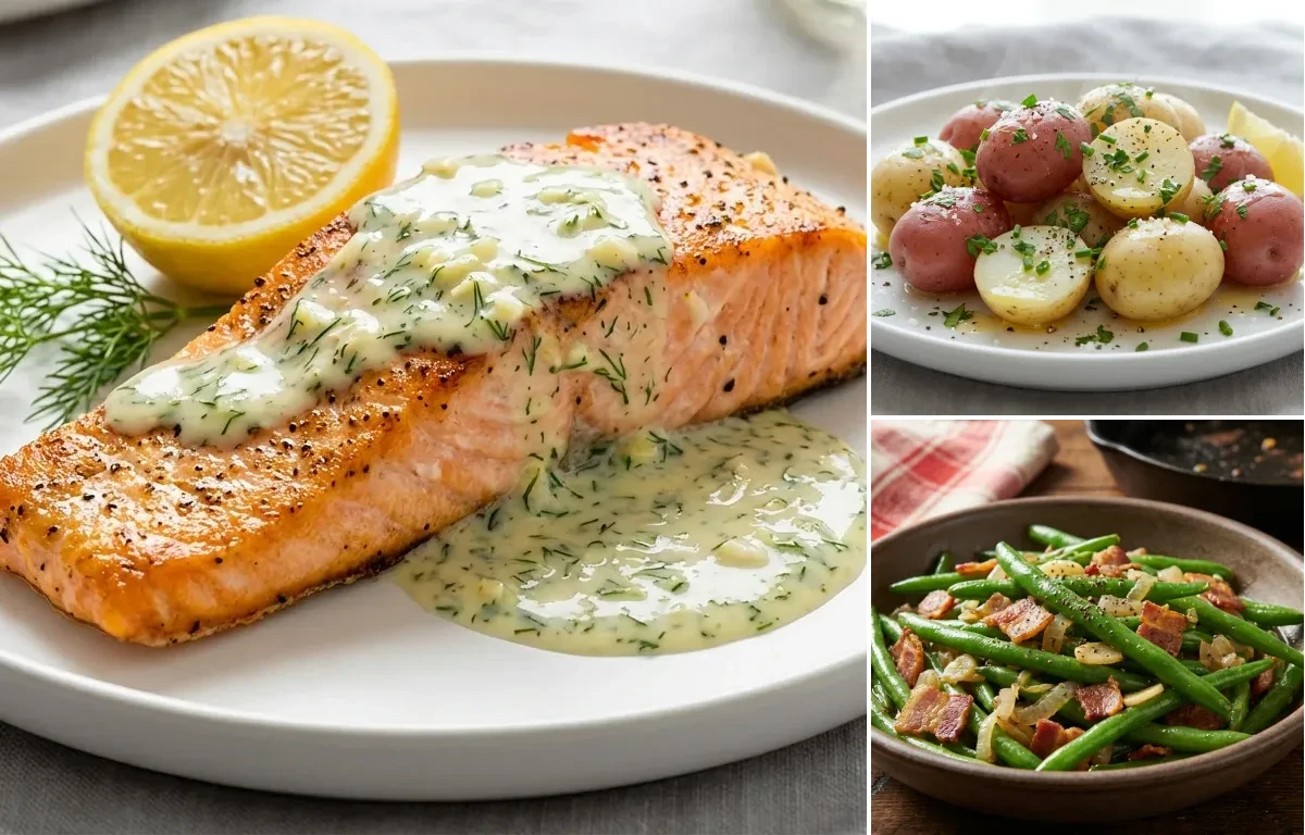 Baked Salmon with Dill Sauce with Steamed New Potatoes with Herbs and Sauteed Green Beans with Bacon