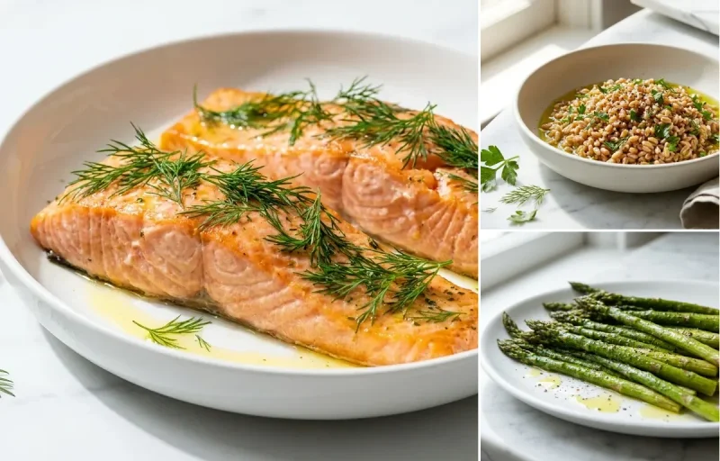 Baked Salmon with Farro with Roasted Asparagus