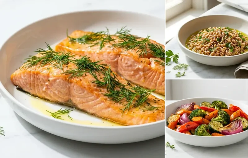 Baked Salmon with Farro with Roasted Vegetables