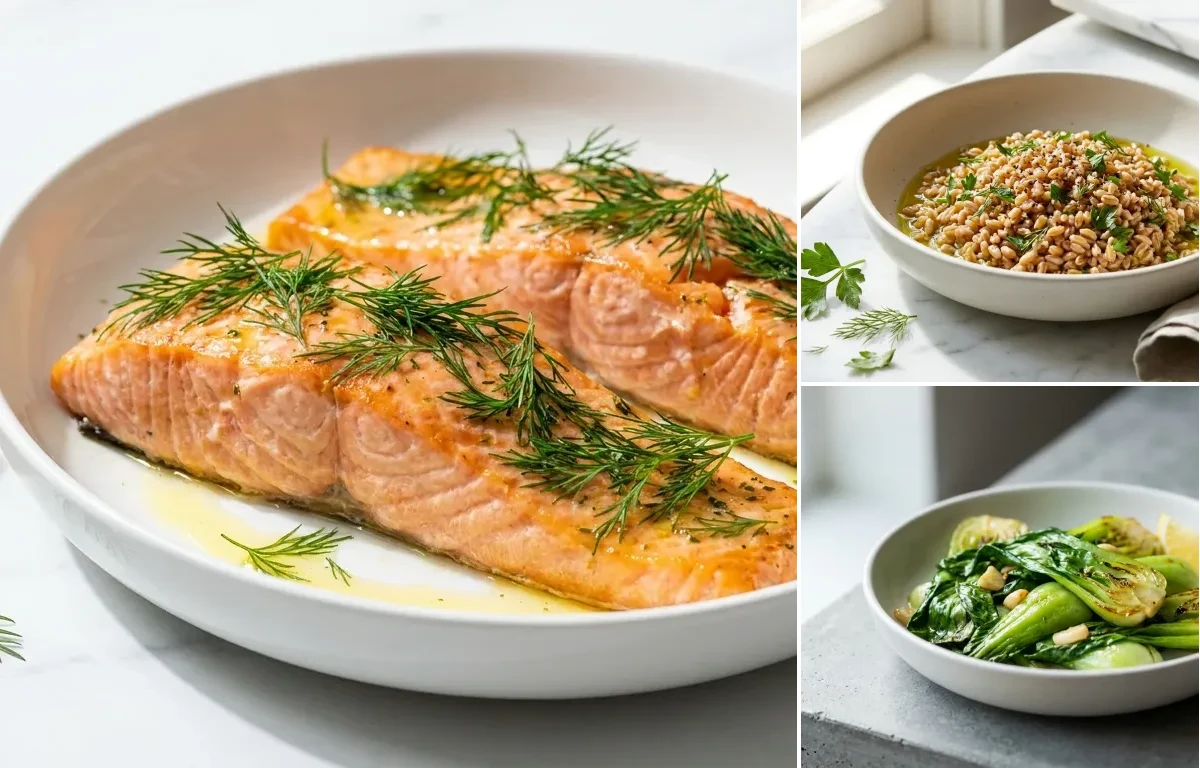 Baked Salmon with Farro with Sauted Kale