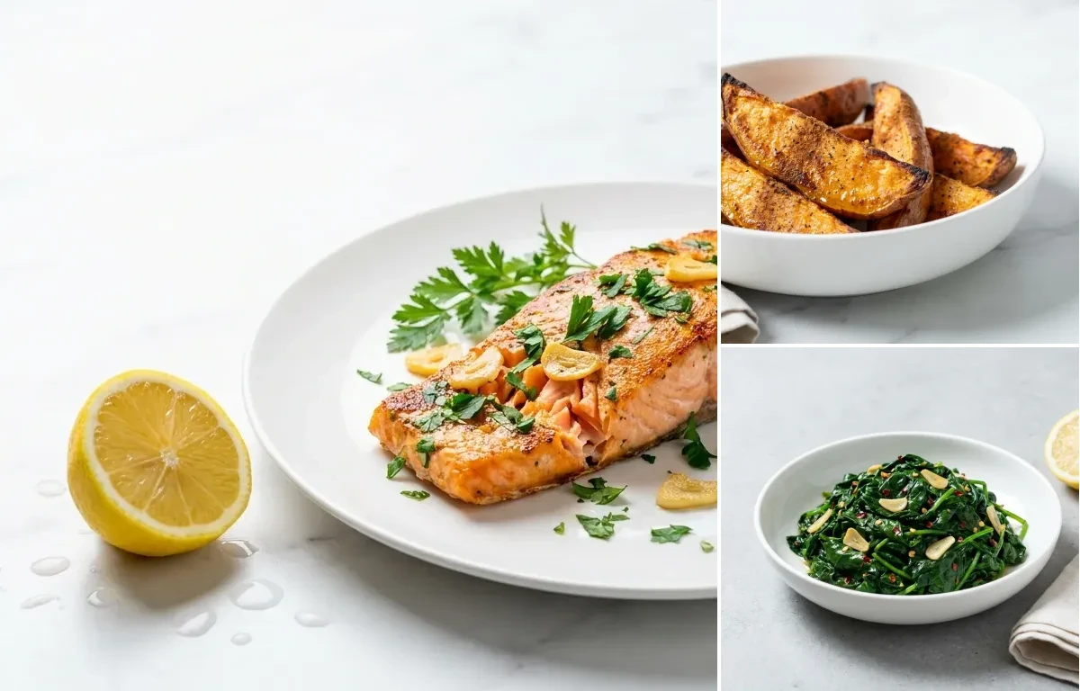 Baked Salmon with Herbs with Sauted Spinach