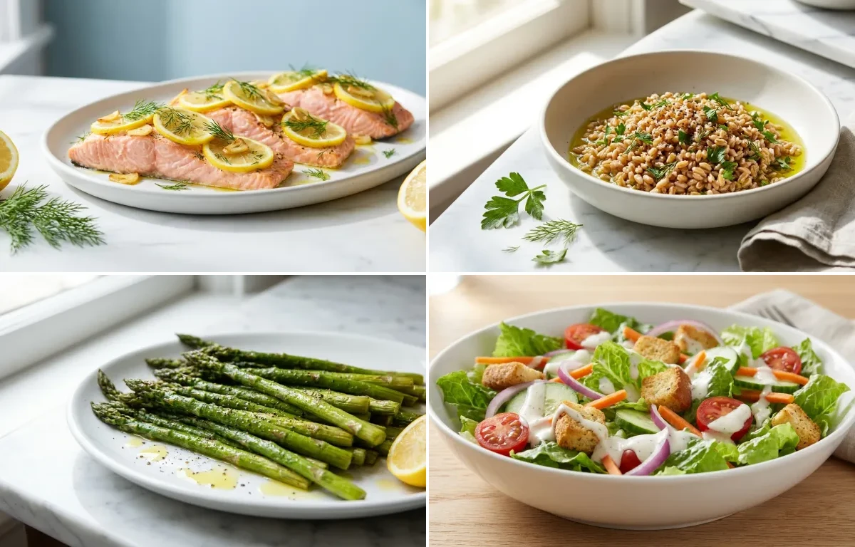 Baked Salmon with Lemon and Dill with Farro with Side Salad