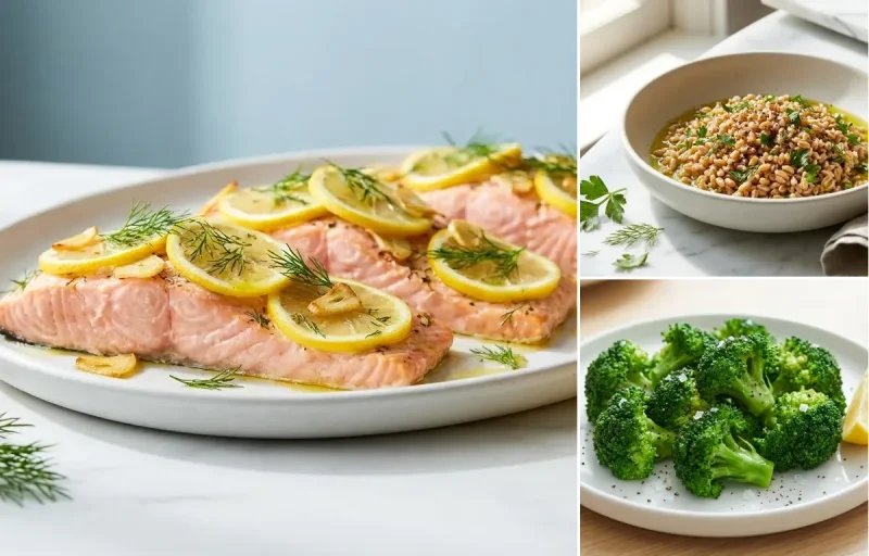Baked Salmon with Lemon and Dill with Farro with Steamed Broccoli