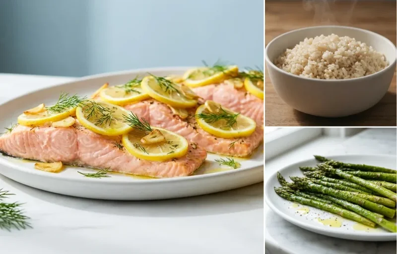 Baked Salmon with Lemon and Dill with Roasted Asparagus with Steamed White Rice
