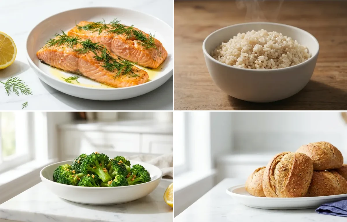 Baked Salmon with Whole Grain Rolls with Sauted Broccoli