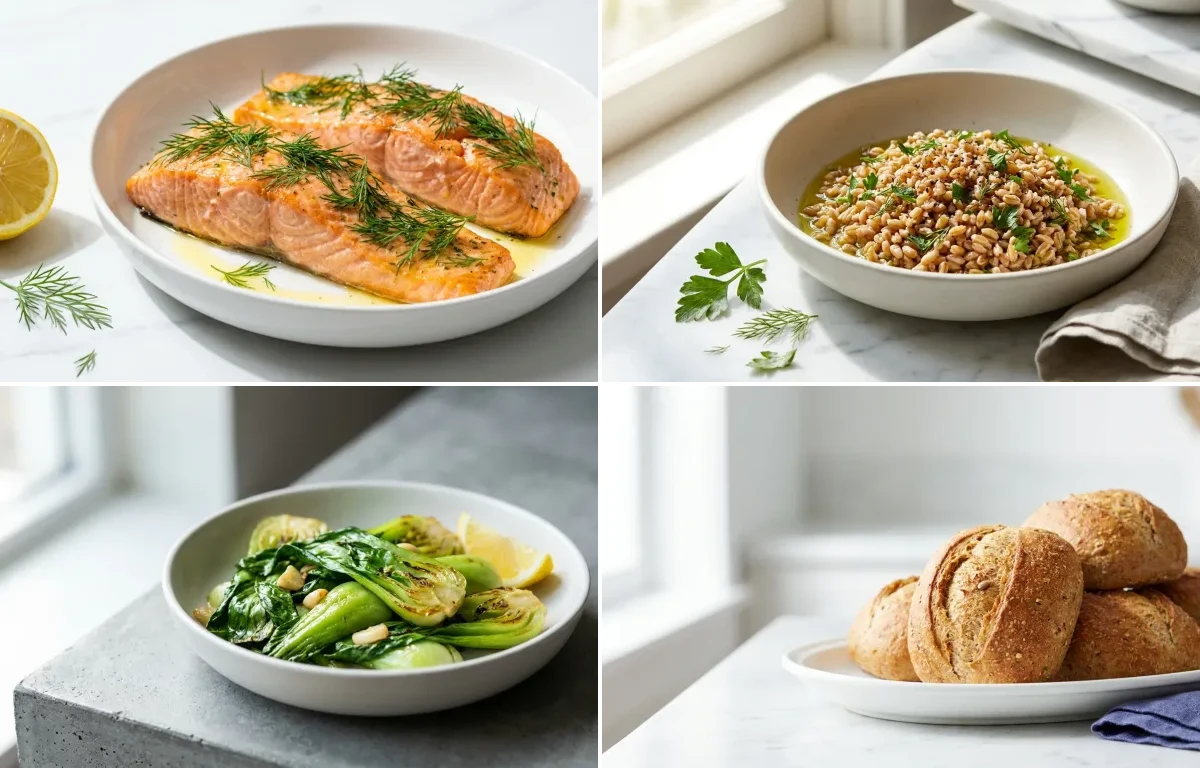 Baked Salmon with Whole Grain Rolls with Sauted Kale