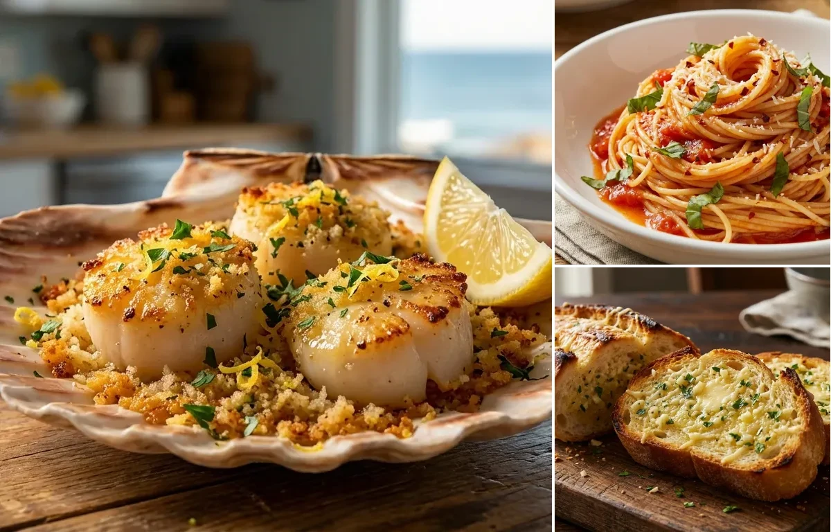 Baked Scallops with Garlic Butter Breadcrumbs with Angel Hair Pasta with Tomato and Basil and Garlic Bread