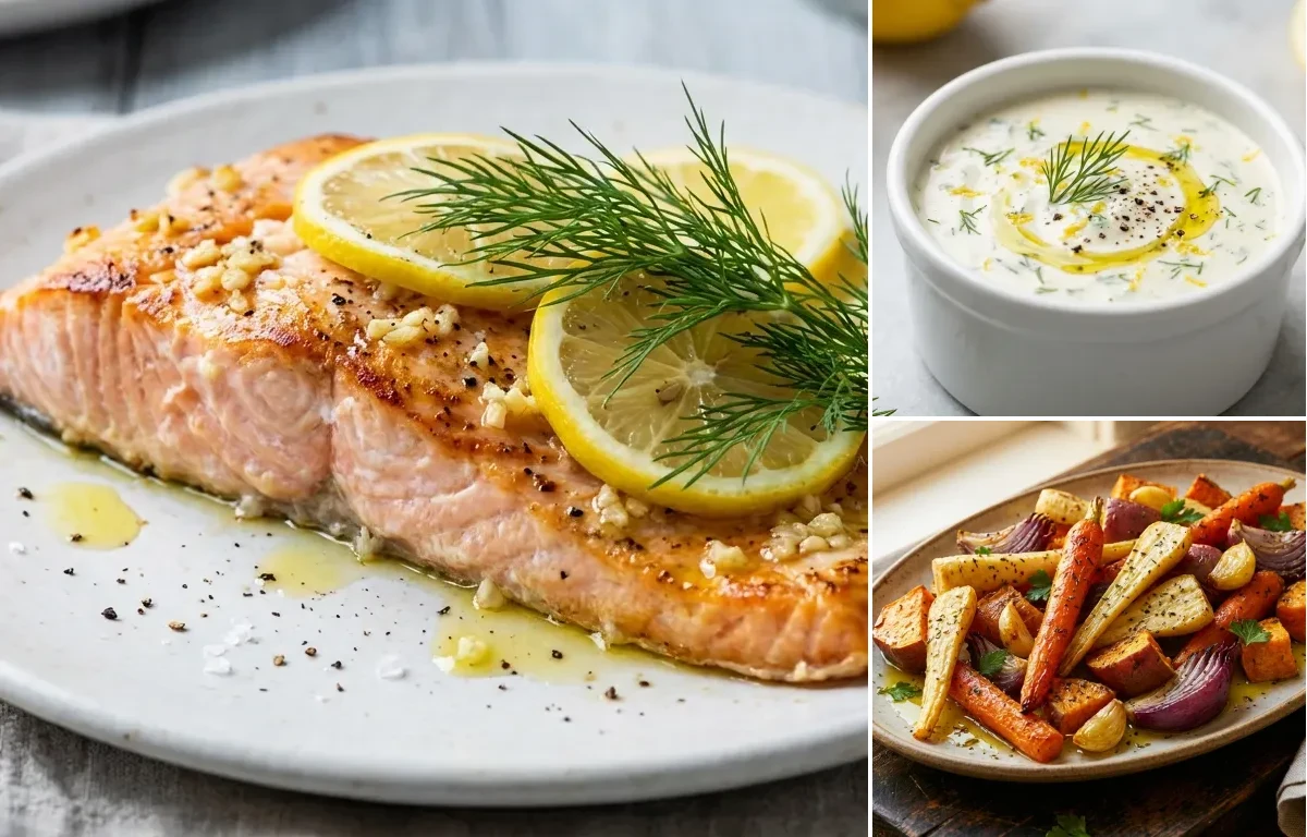 Baked Steelhead Trout with Lemon-Dill Sauce and Roasted Root Vegetables