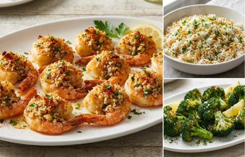 Baked Stuffed Shrimp with Rice Pilaf and Roasted Broccoli
