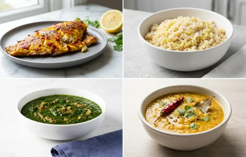 Baked Surmai with Quinoa with Jeera Palak with Moong Dal