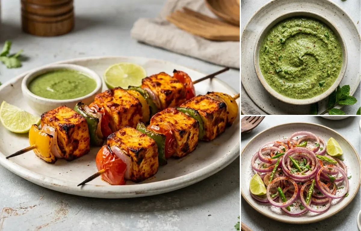 Baked Tandoori Paneer Skewers, Yogurt-Spiced Mint Chutney and Lacha Onion Salad