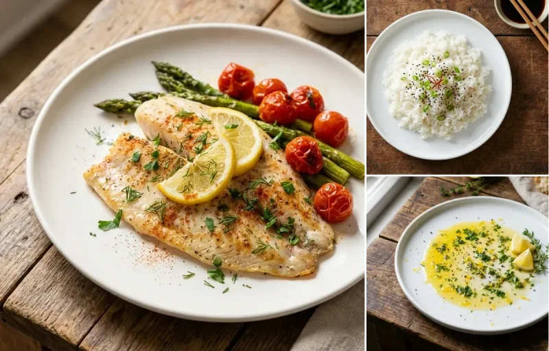Baked Tilapia with Steamed White Rice and Lemon Herb Butter Drizzle