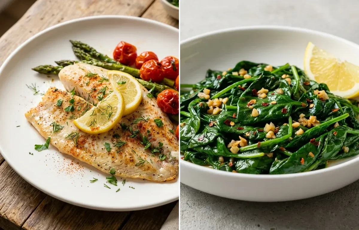 Baked Tilapia with Roasted Sweet Potato and Sauteed Spinach with Garlic