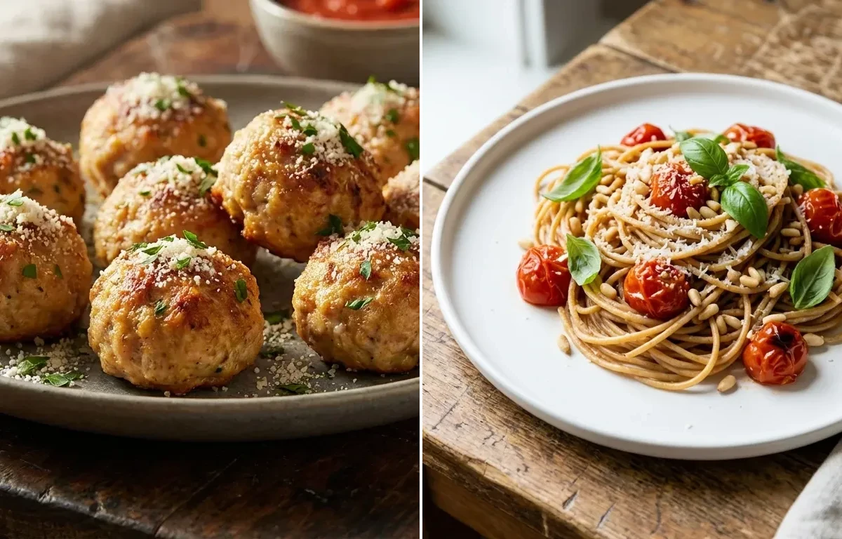 Baked Turkey Meatballs, Whole Wheat Spaghetti and Simple Marinara Sauce