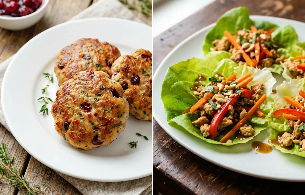Baked Turkey Patties with Crisp Lettuce Wraps and Cucumber and Tomato Relish