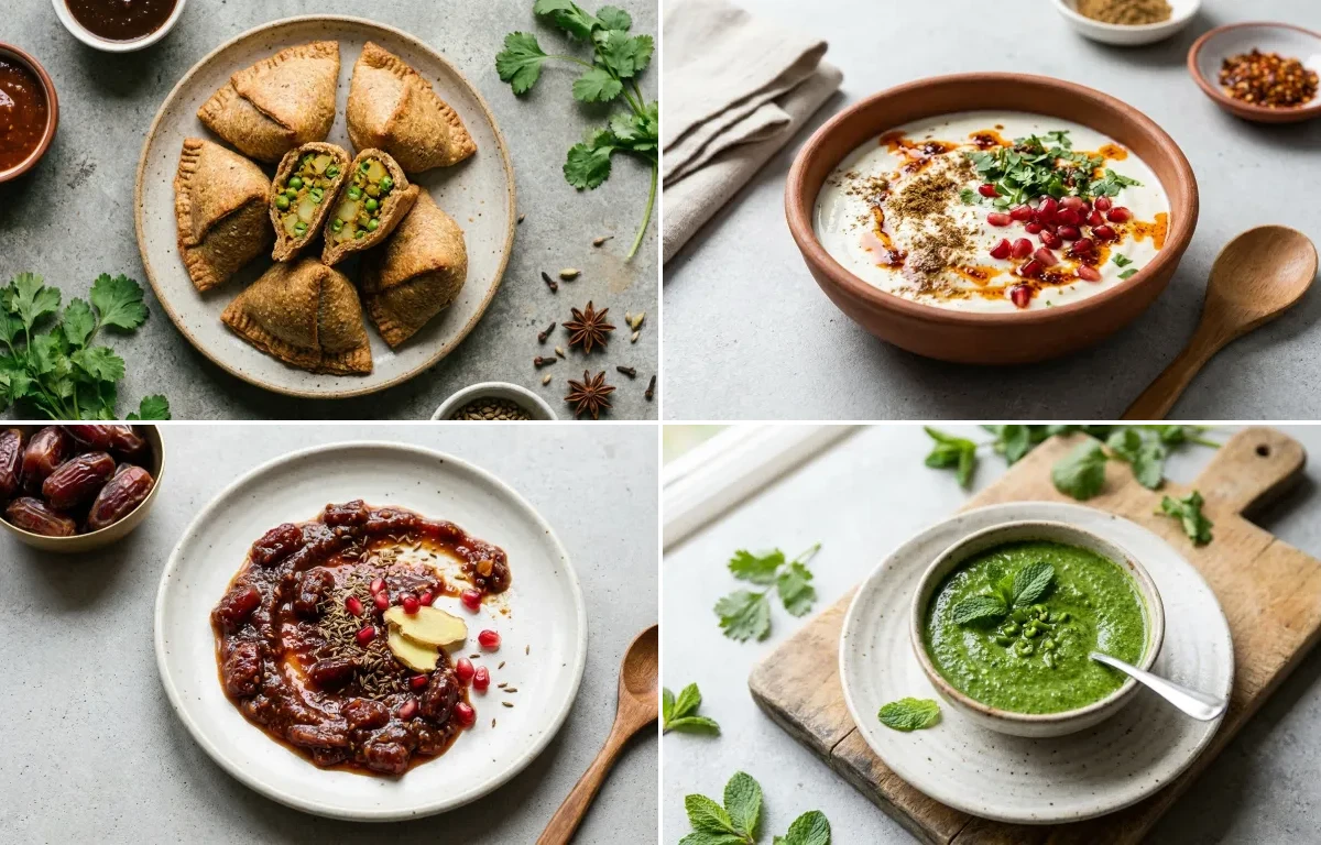 Baked Whole Wheat Samosa, Spiced Yogurt, Date and Tamarind Chutney and Mint and Coriander Chutney