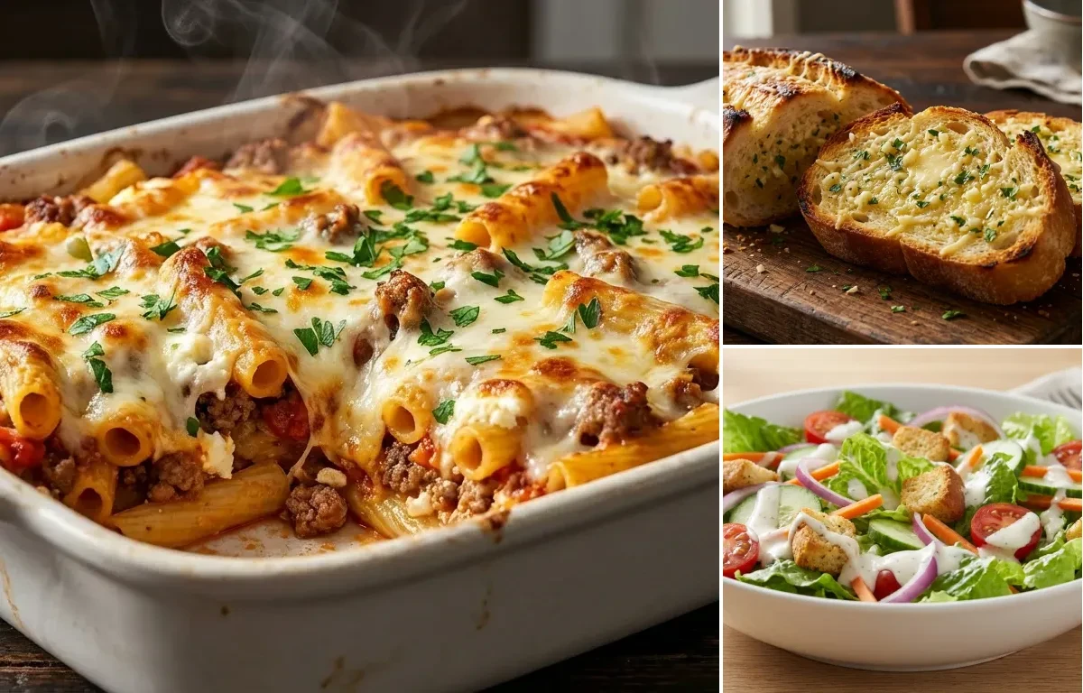 Baked Ziti Casserole with Garlic Bread and Side Salad