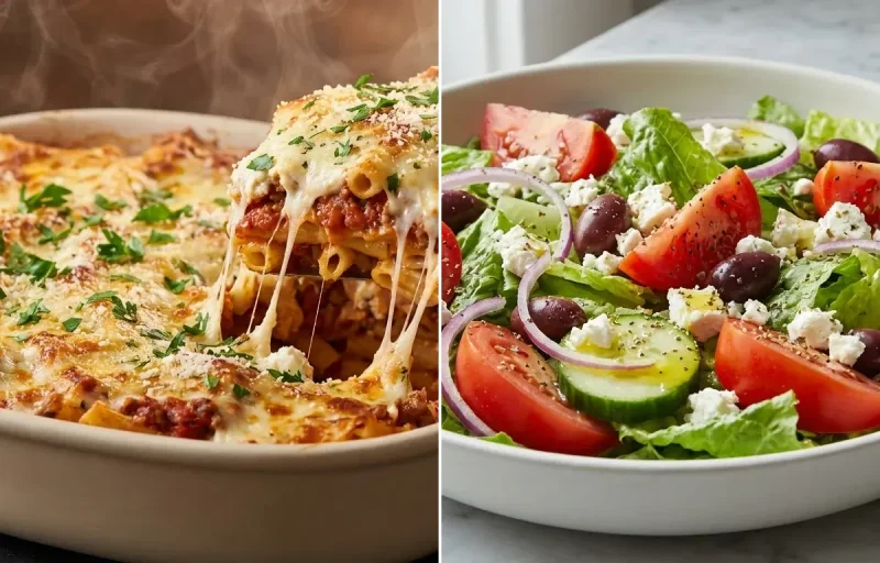 Baked Ziti with Greek Salad and Vegan Tofu Scramble
