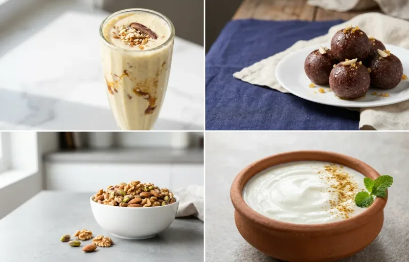 Banana Almond Milkshake with Ragi Laddu with Mixed Nuts + supplement + supplement