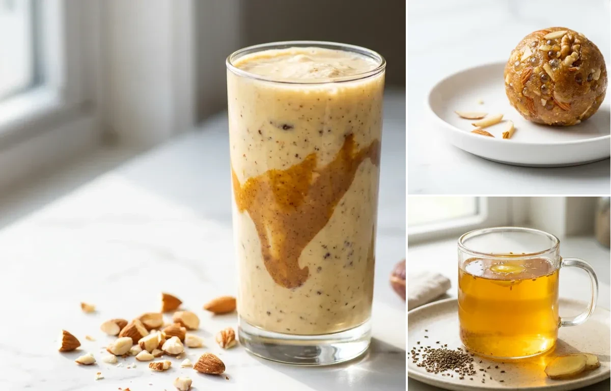 Banana Almond Smoothie with Gond Ladoo with Ajwain Water