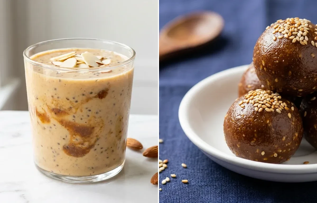 Banana Date Smoothie with Sesame Jaggery Ladoo