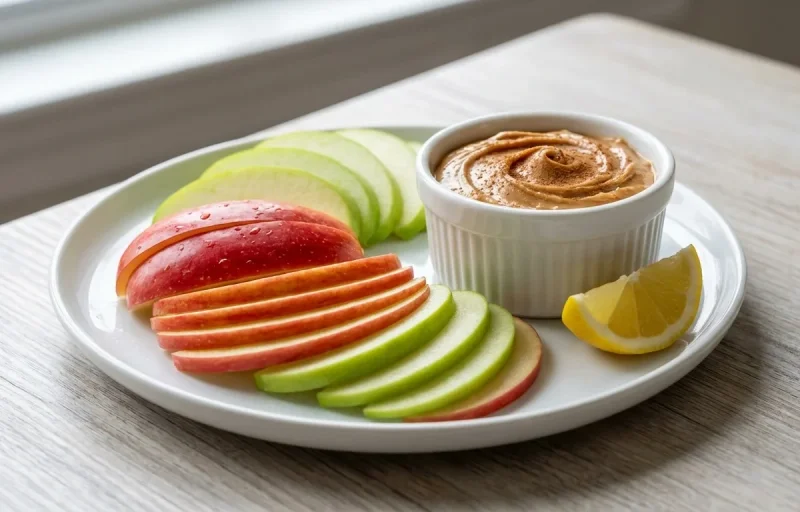 Banana Oat Pancakes with Two Boiled Eggs, Cucumber Mint Smoothie and Apple Slices With Peanut Butter