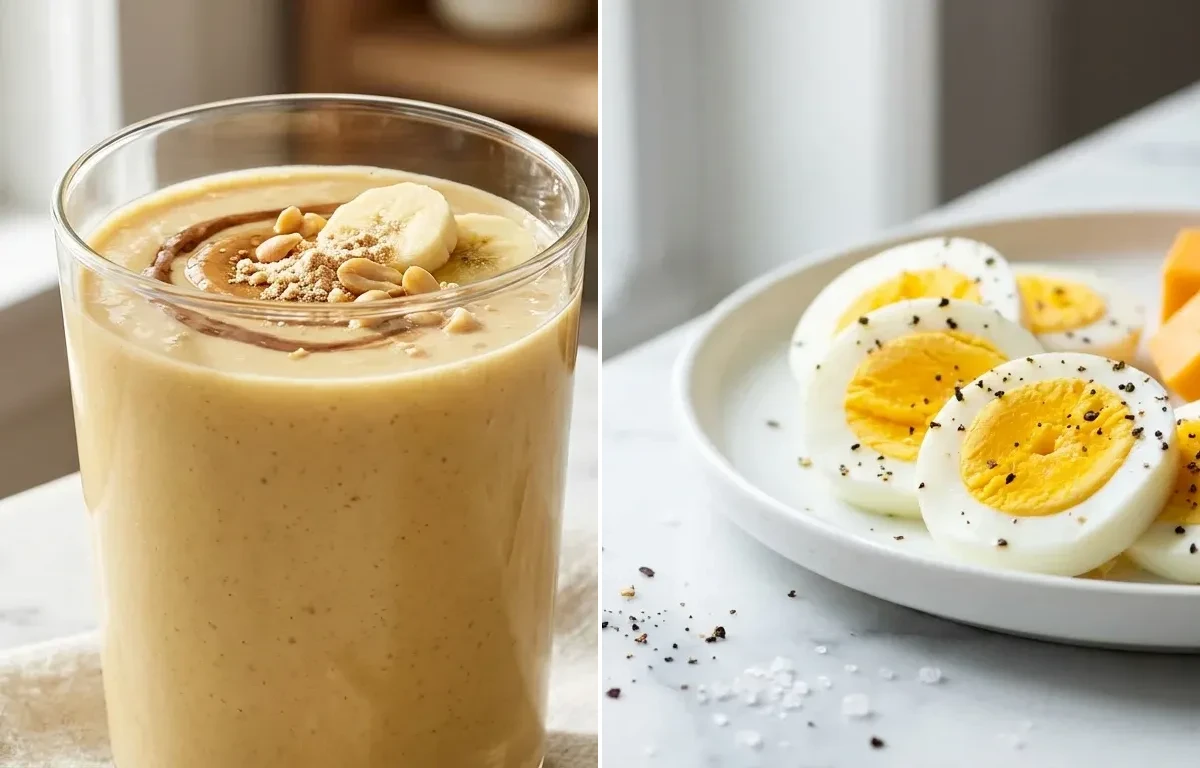 Banana Peanut Butter Protein Smoothie with Oats with Hard Boiled Eggs and Cheese