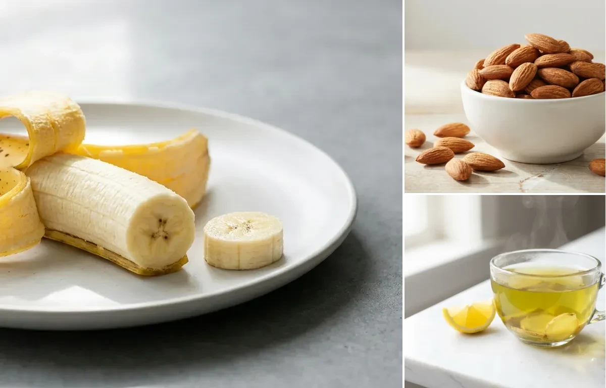Banana with Handful of Almonds with Green Tea