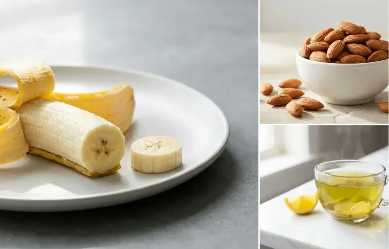 Banana with Handful of Almonds with Green Tea