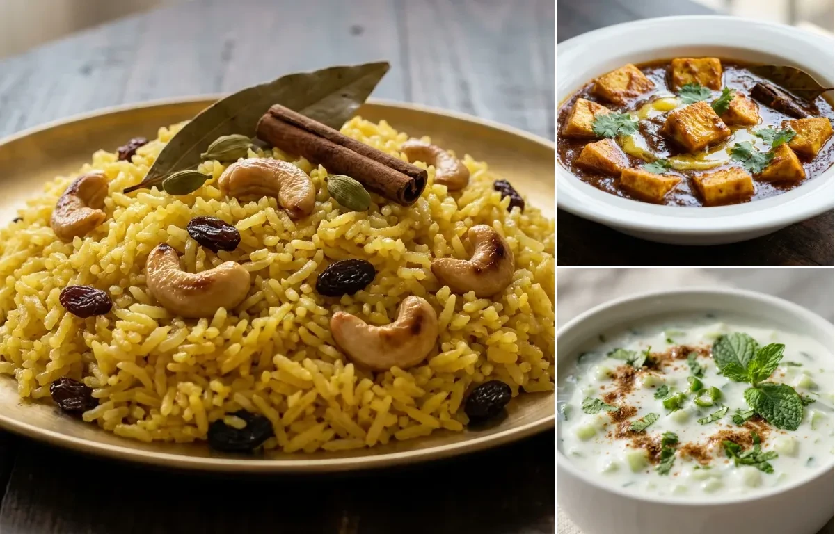 Basanti Pulao with Paneer Kosha and Cucumber Raita