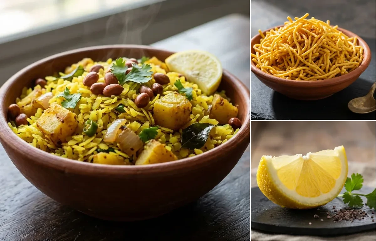 Batata Poha with Besan Sev and Lemon Wedge