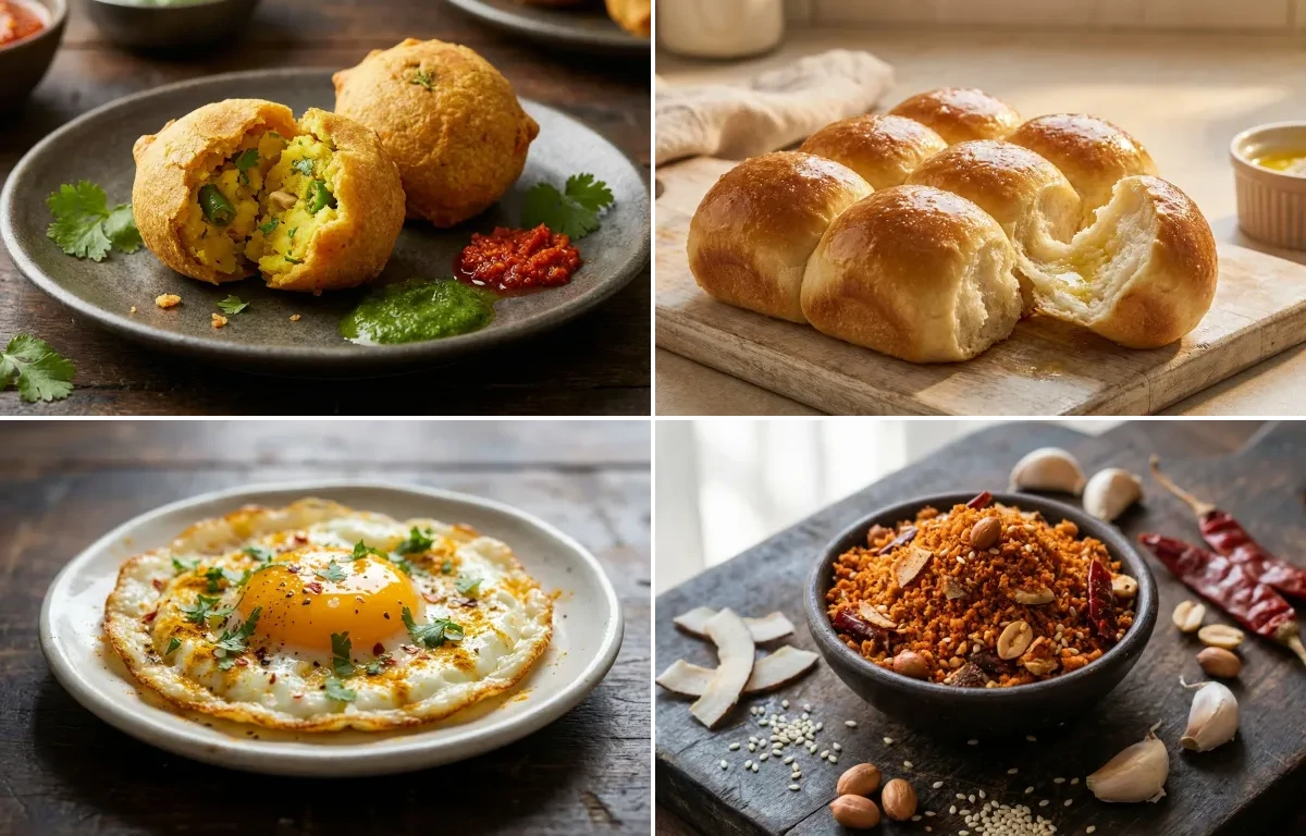 Batata Vada with Ladi Pav, Fried Egg and Dry Garlic Chutney