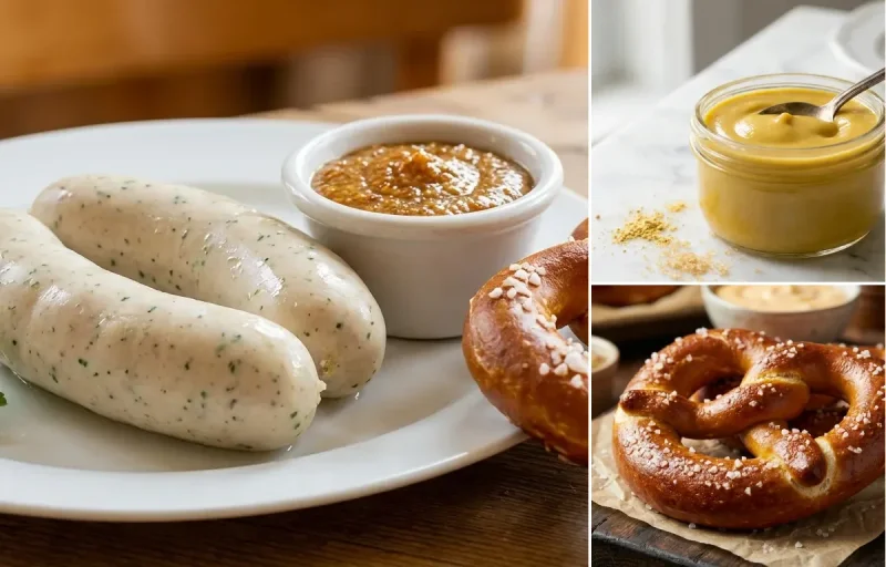 Bavarian Weisswurst with Sweet Mustard and Soft Pretzels