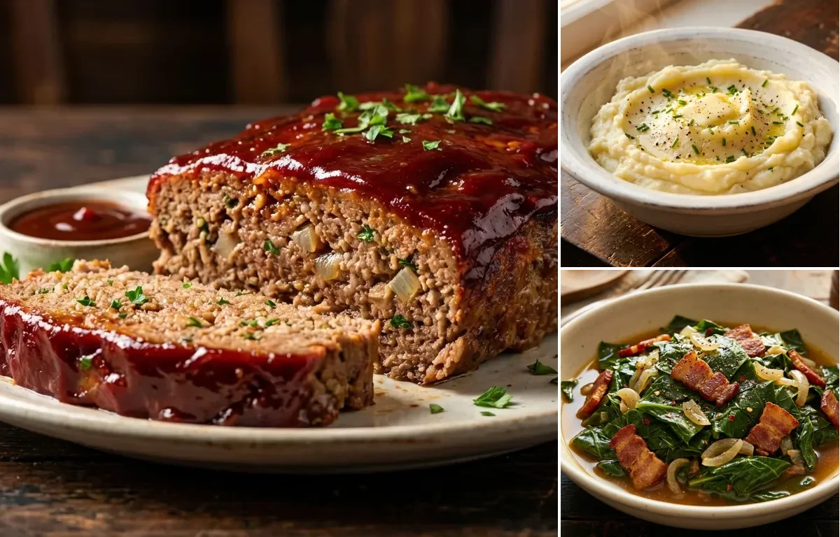 BBQ Meatloaf with Mashed Potatoes and Collard Greens