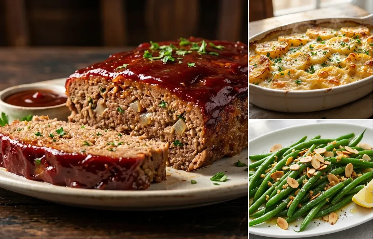 BBQ Meatloaf with Scalloped Potatoes and Garlic Green Beans