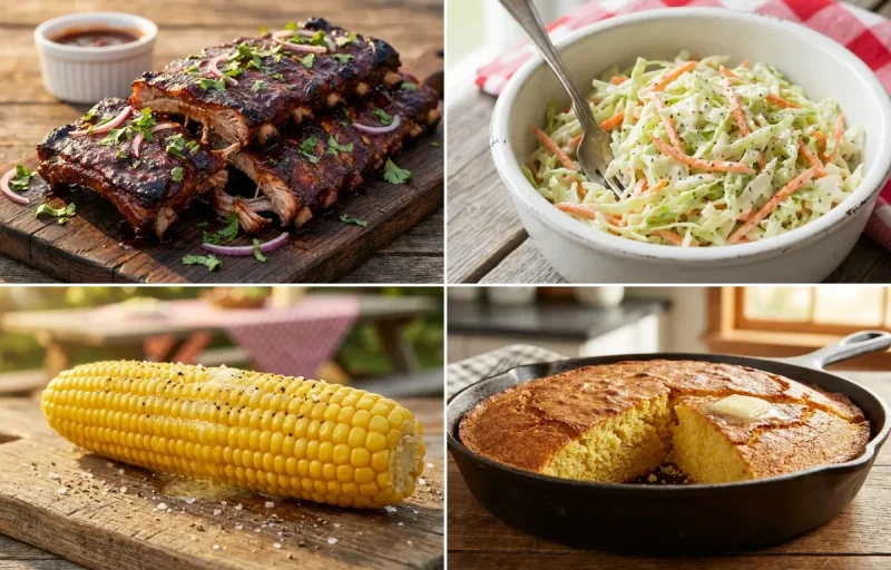 BBQ Pork Ribs with Coleslaw, Corn on the Cob and Cornbread
