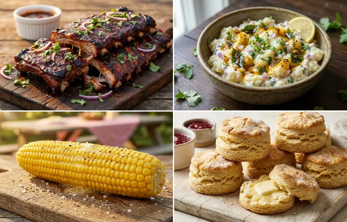 BBQ Pork Ribs with Potato Salad, Corn on the Cob and Buttermilk Biscuits