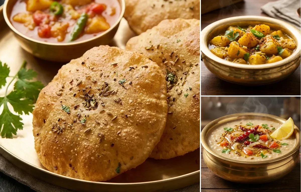 Bedmi Puri with Aloo Sabzi and Urad Dal Tadka