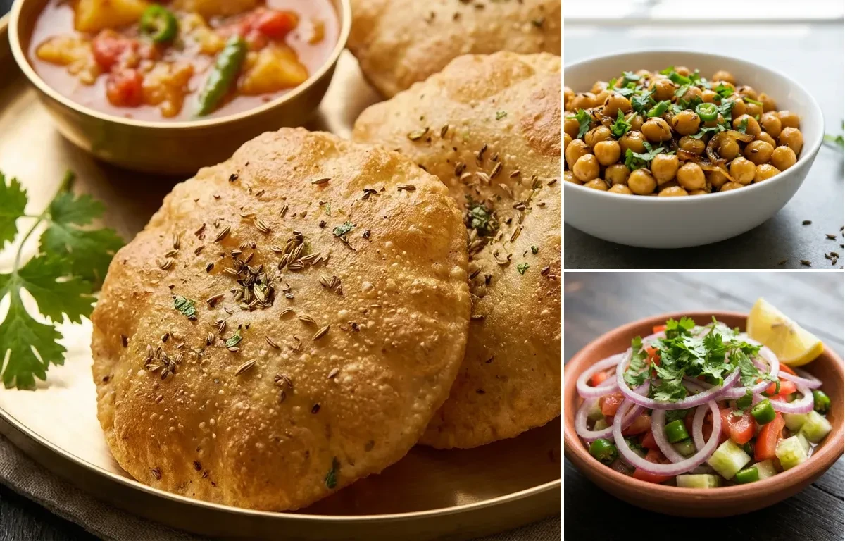 Bedmi Puri with Dry Chana with Onion Tomato Salad