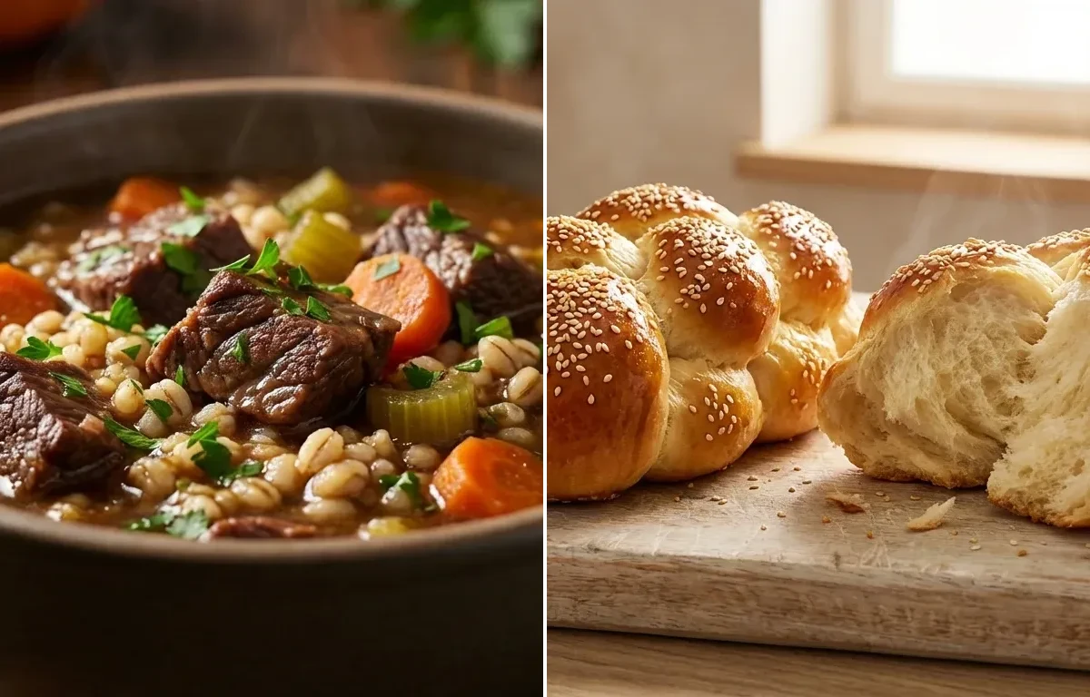 Beef and Barley Stew with Challah Rolls