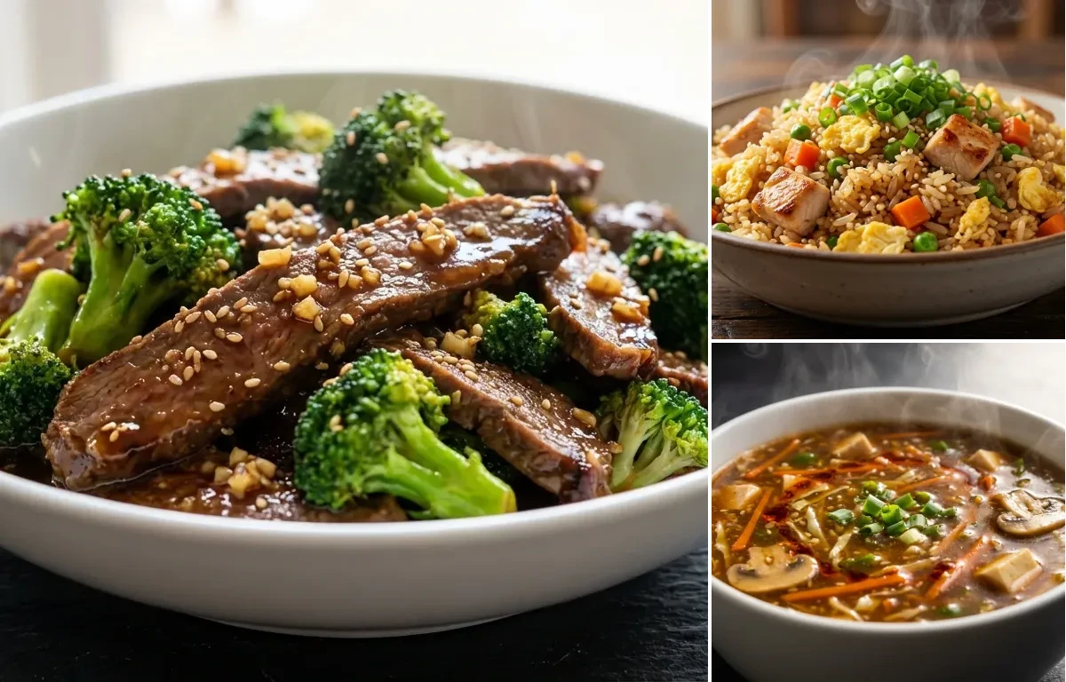 Beef and Broccoli Stir-Fry with Chicken Fried Rice and Hot and Sour Soup