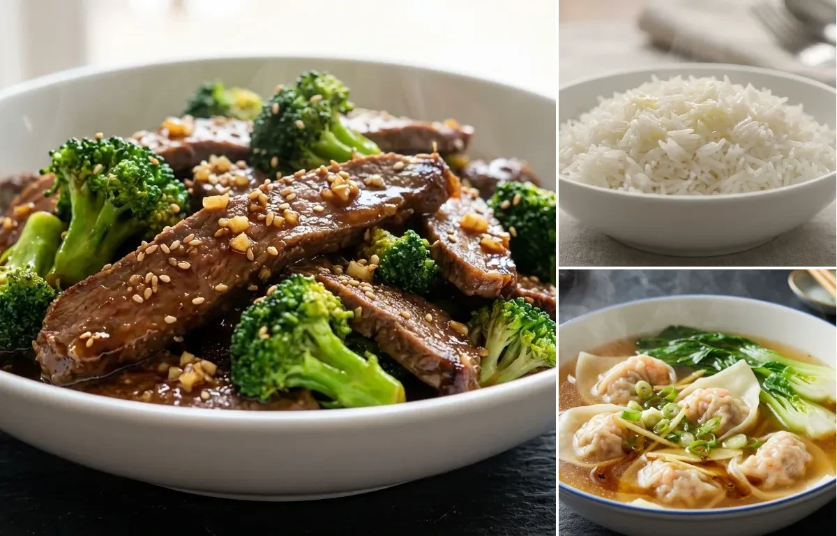 Beef and Broccoli Stir-Fry with Steamed Basmati Rice and Wonton Soup