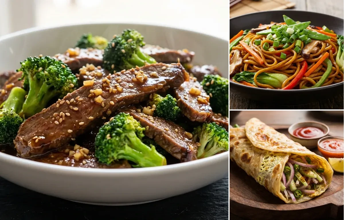 Beef and Broccoli Stir-Fry with Vegetable Lo Mein and Egg Roll