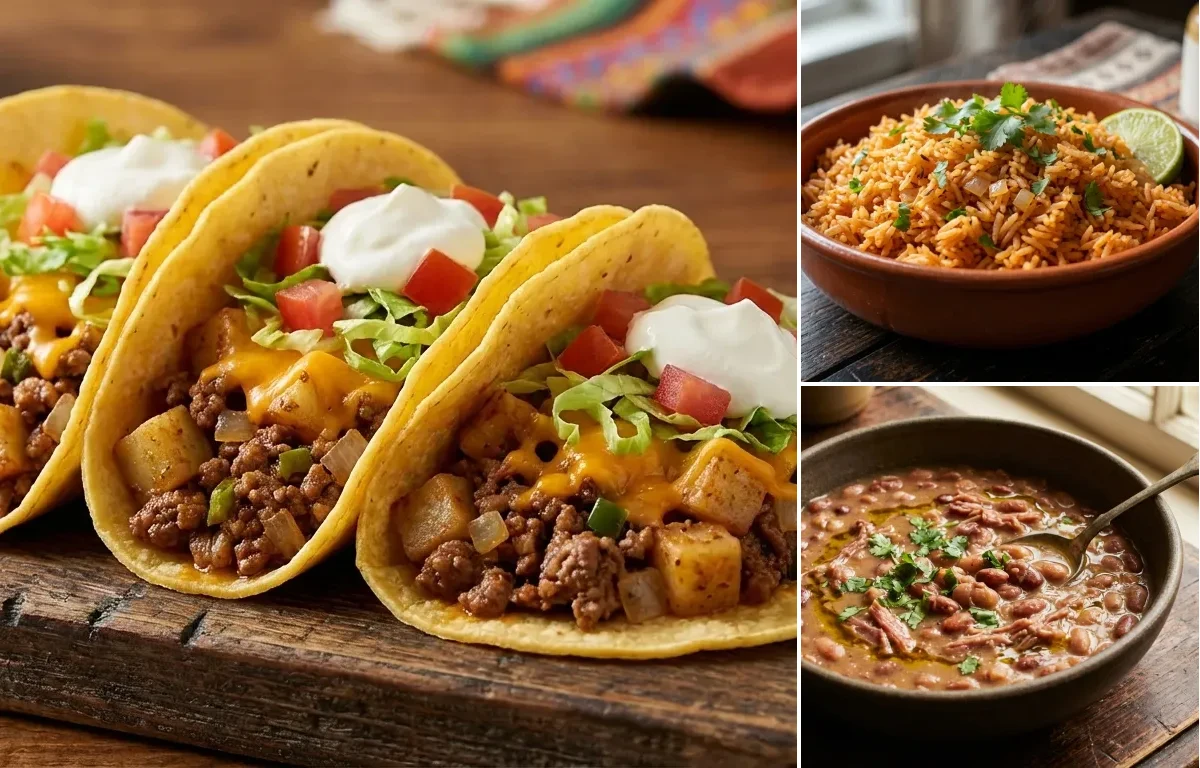 Beef and Potato Tacos with Spanish Rice and Pinto Beans